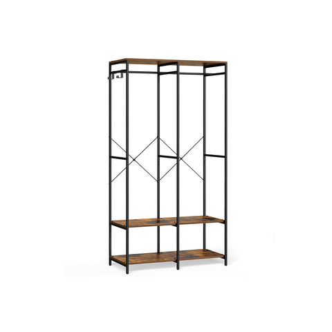 Iron and Wood Clothes Rack with Hanging Rods, Closet Shelves, Removable Hooks