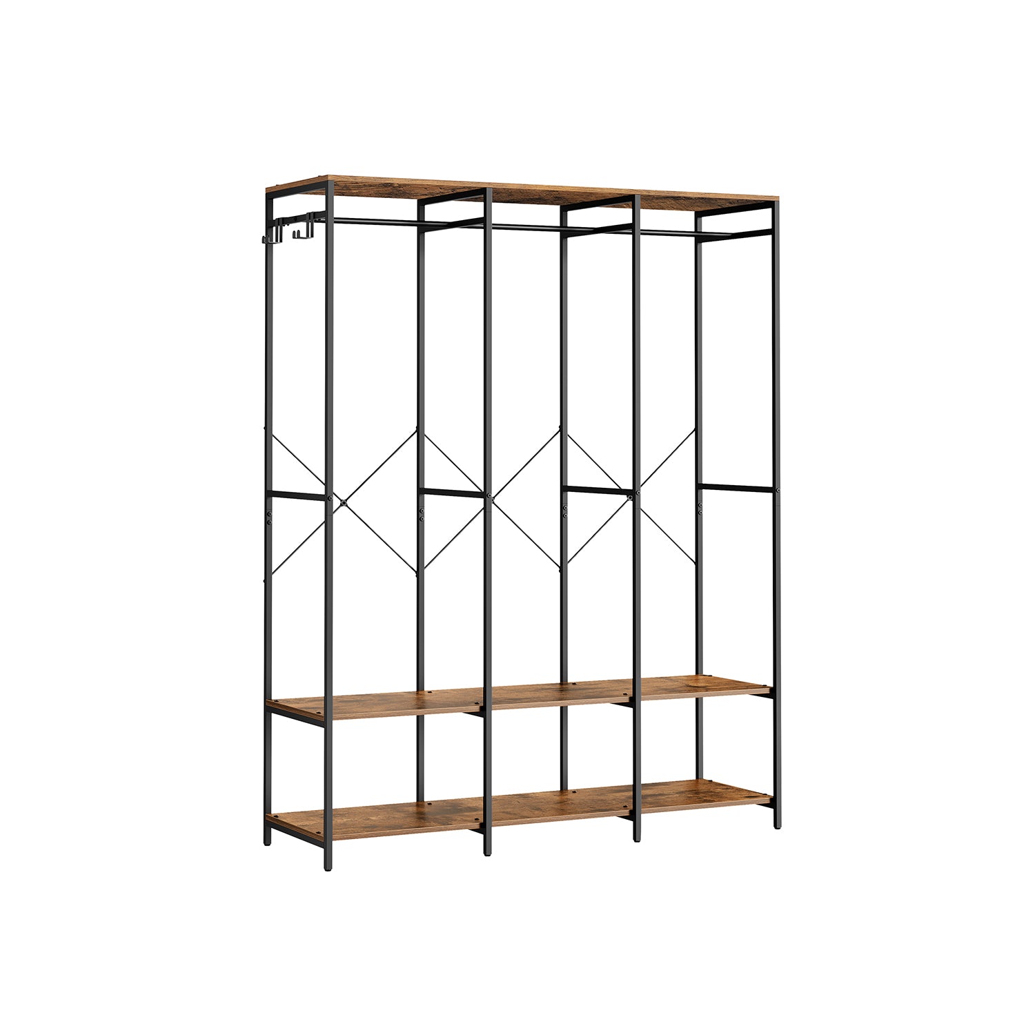 Iron and Wood Clothes Rack with Hanging Rods, Closet Shelves, Removable Hooks