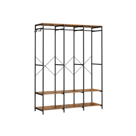Iron and Wood Clothes Rack with Hanging Rods, Closet Shelves, Removable Hooks