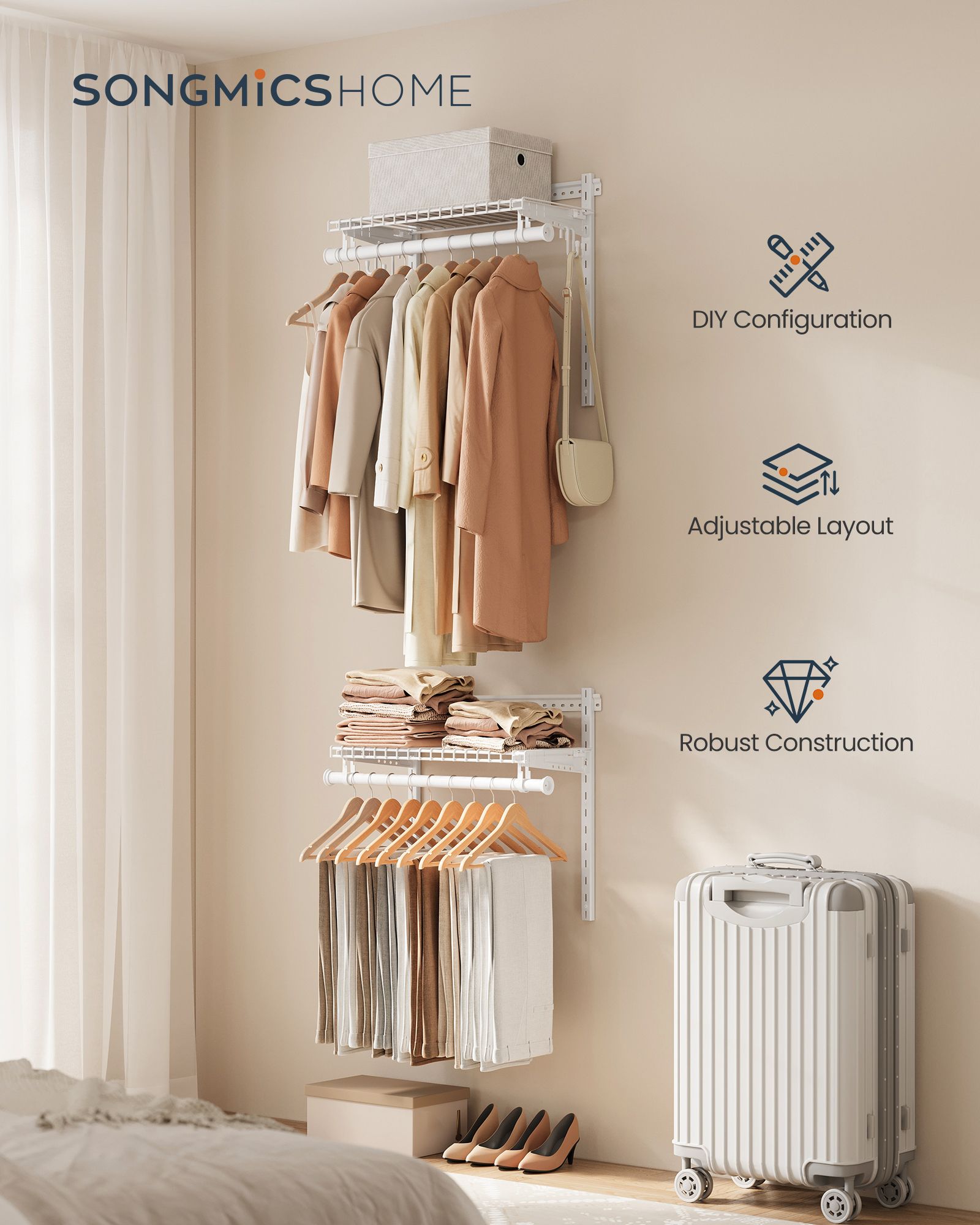 Closet System, 2-4 ft, with 2 Hanging Rods, 2 Shelves, Cloud White