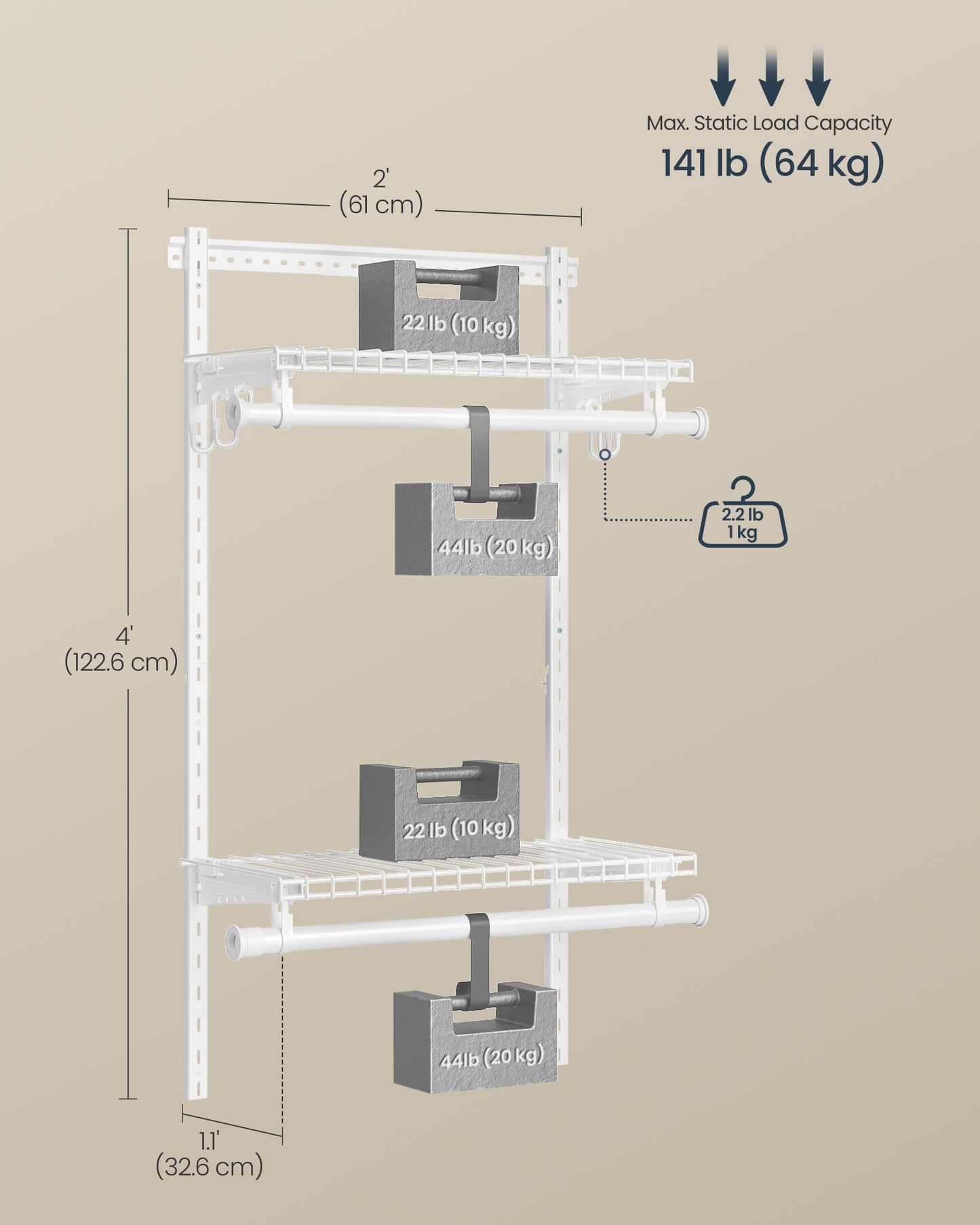 Closet System, 2-4 ft, with 2 Hanging Rods, 2 Shelves, Cloud White