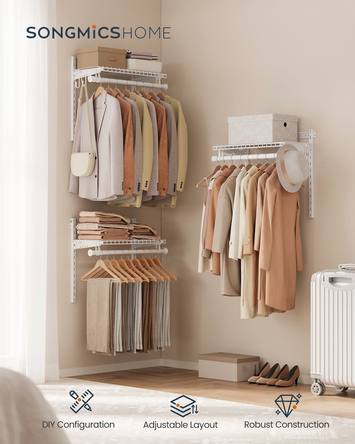 Closet Insert Organizer, 4-6 ft, with 4 Hanging Rods, 4 Shelves, Cloud White