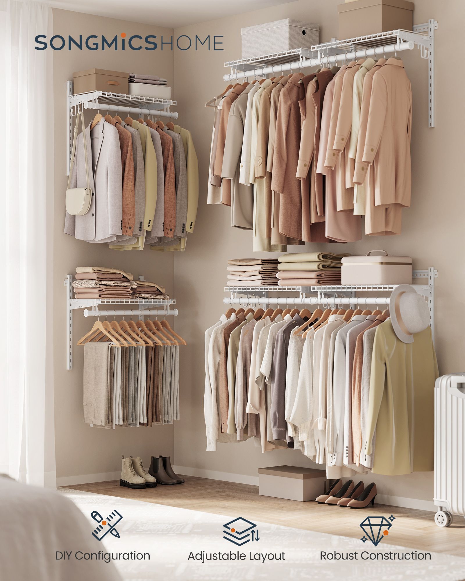 Closet Insert Organizer, 4-8 ft, with 6 Hanging Rods, 6 Shelves, Cloud White