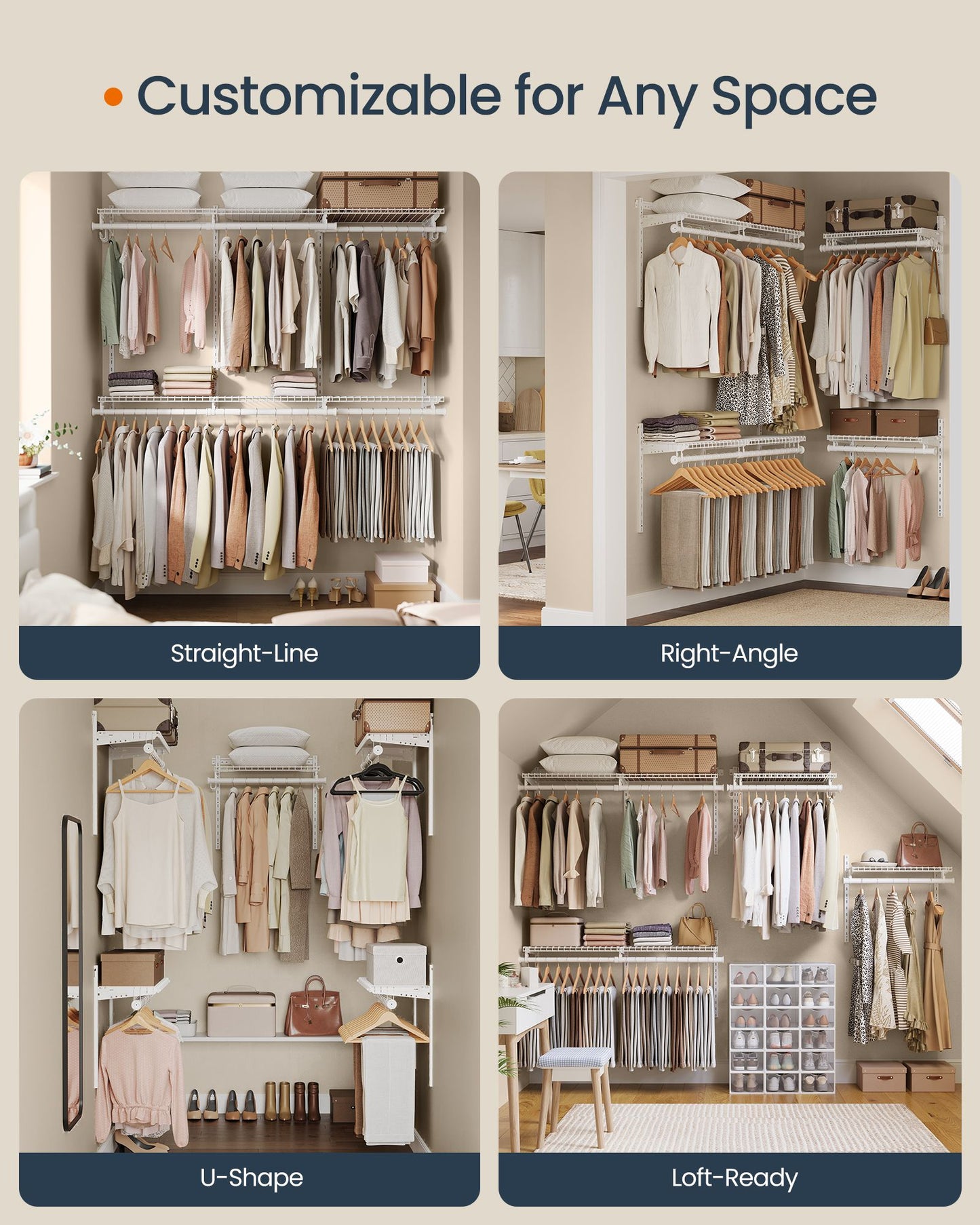 Closet Insert Organizer, 4-8 ft, with 6 Hanging Rods, 6 Shelves, Cloud White