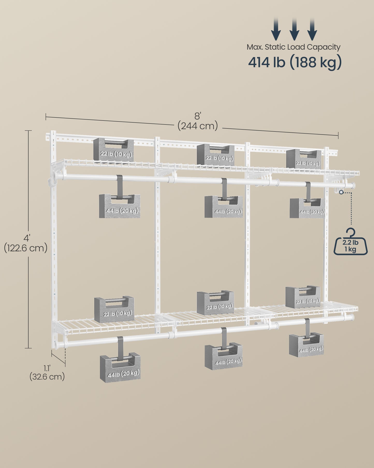 Closet Insert Organizer, 4-8 ft, with 6 Hanging Rods, 6 Shelves, Cloud White