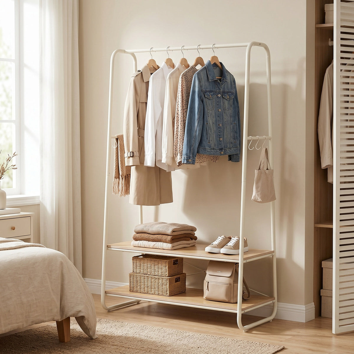 Clothes Rail, Clothes Rack with 2 Shelves, 6 S Hooks
