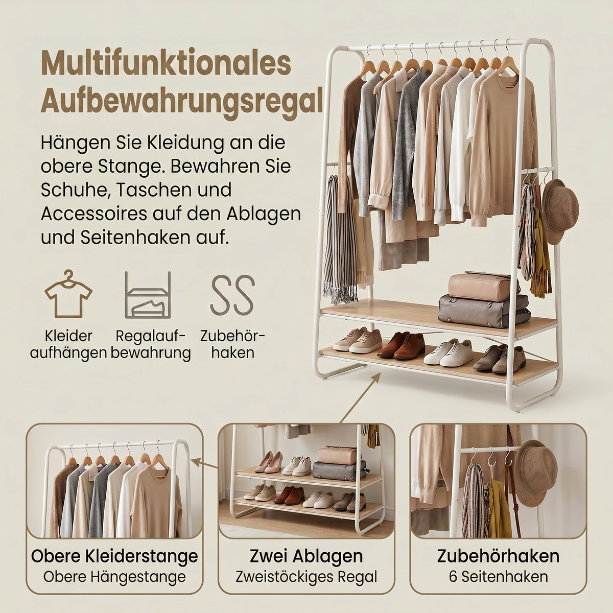 Clothes Rail, Clothes Rack with 2 Shelves, 6 S Hooks