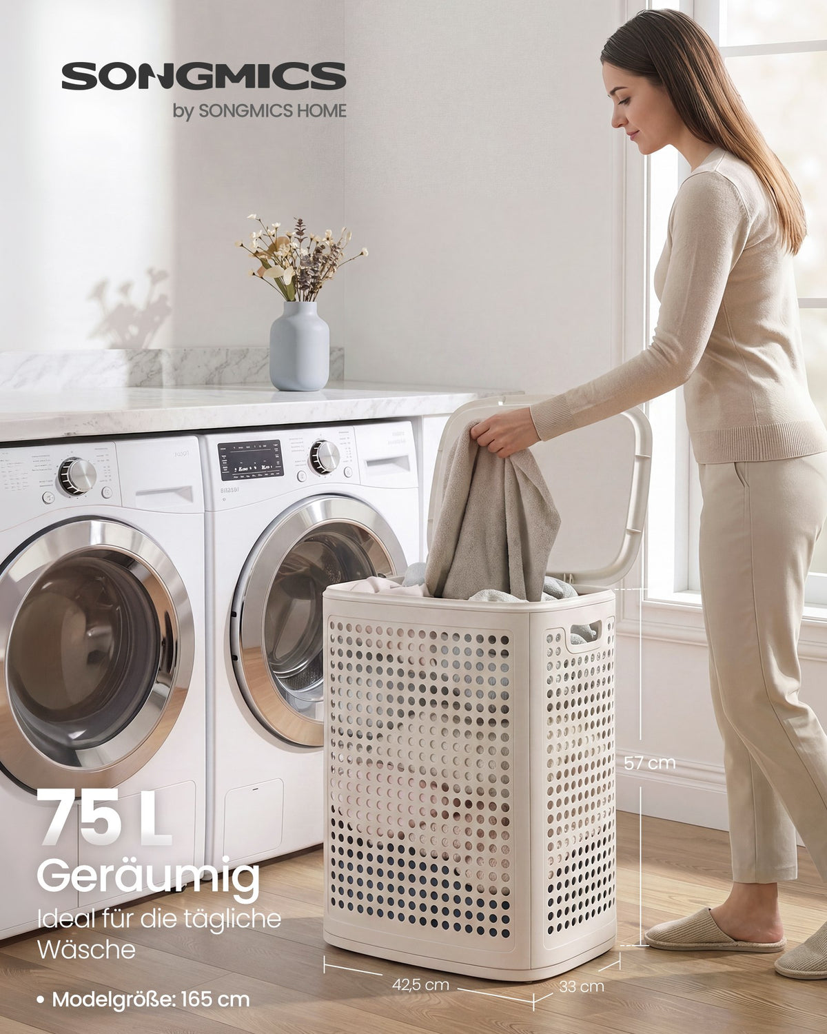 Slim Plastic Laundry Basket with Lid 19.8 Gallons Cream