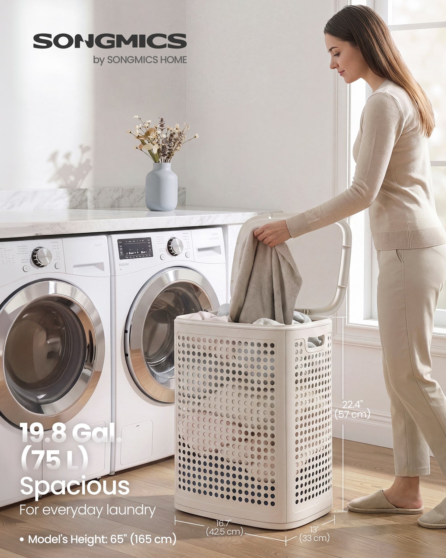 Slim Plastic Laundry Basket with Lid 19.8 Gallons Cream - image 2