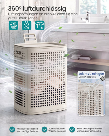 Slim Plastic Laundry Basket with Lid 19.8 Gallons Cream