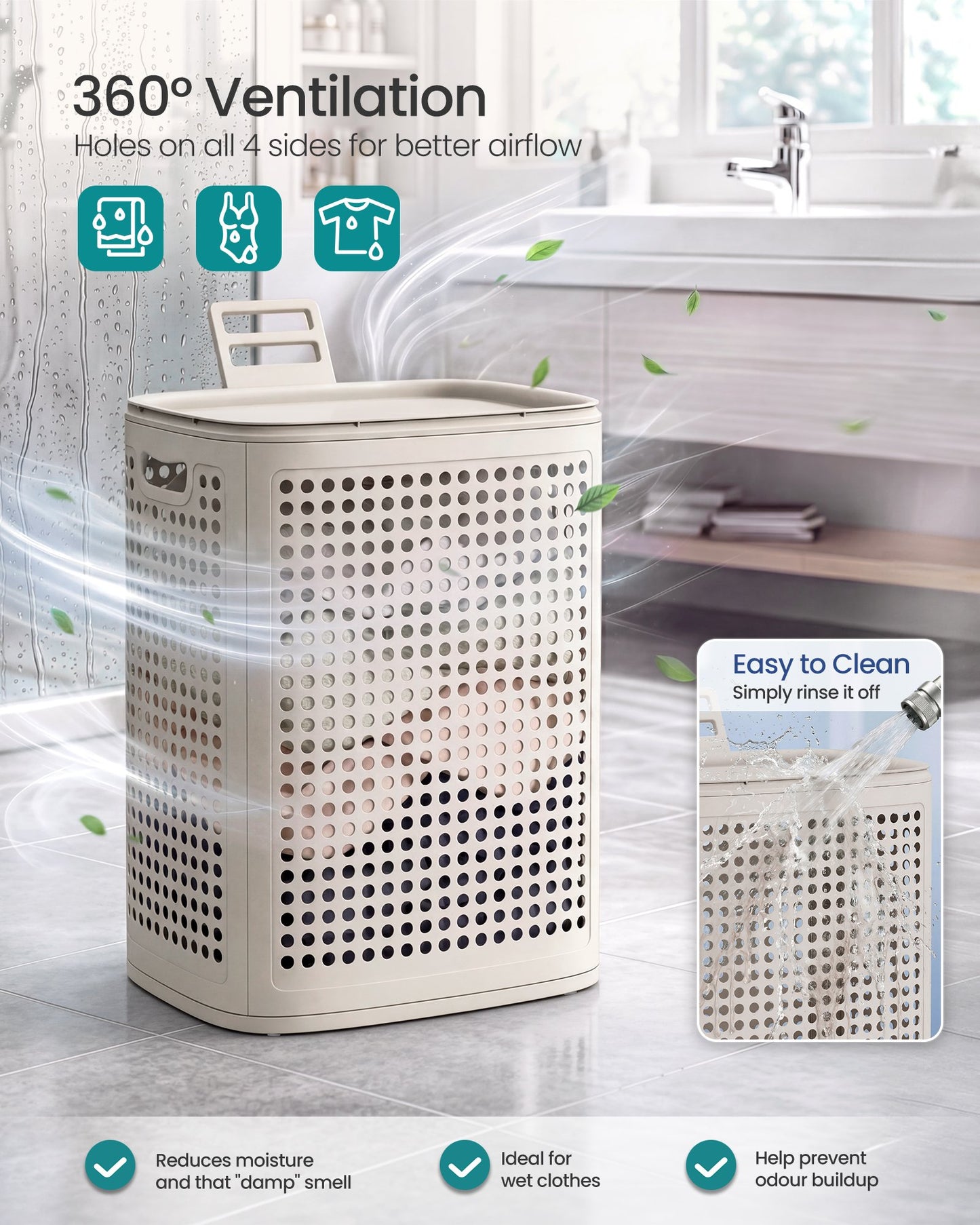Slim Plastic Laundry Basket with Lid 19.8 Gallons Cream - image 3