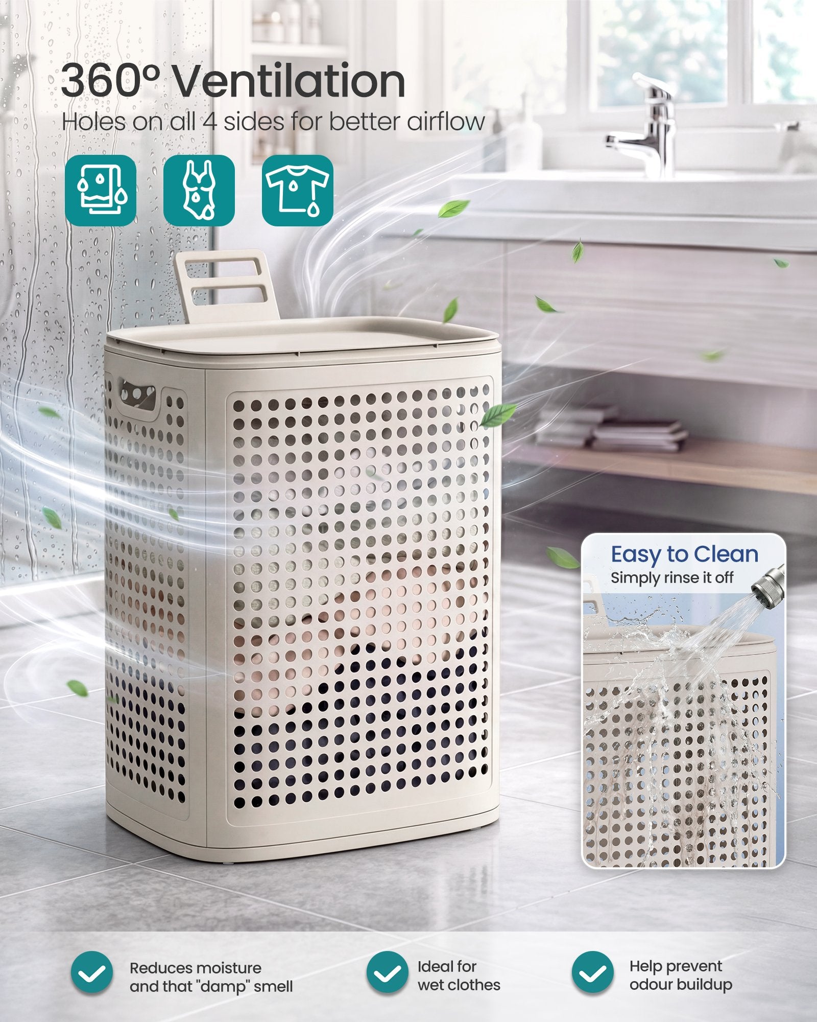 Slim Plastic Laundry Basket with Lid 19.8 Gallons Cream - image 3