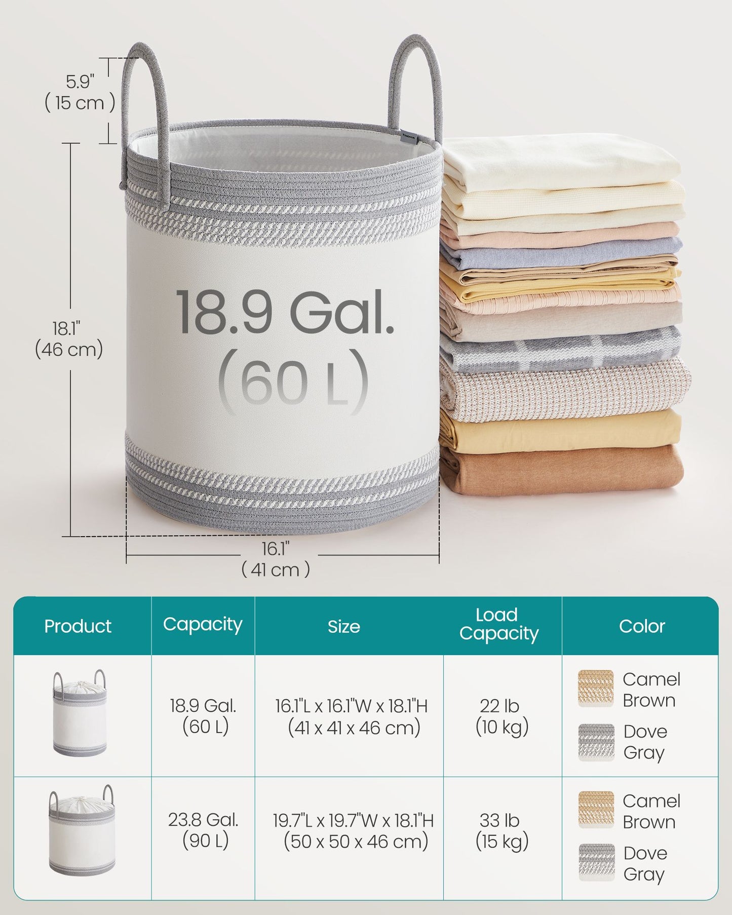 Laundry Hamper, 18.9 Gal., 16.1 x 16.1 x 18.1 Inches, Dove Gray - image 4