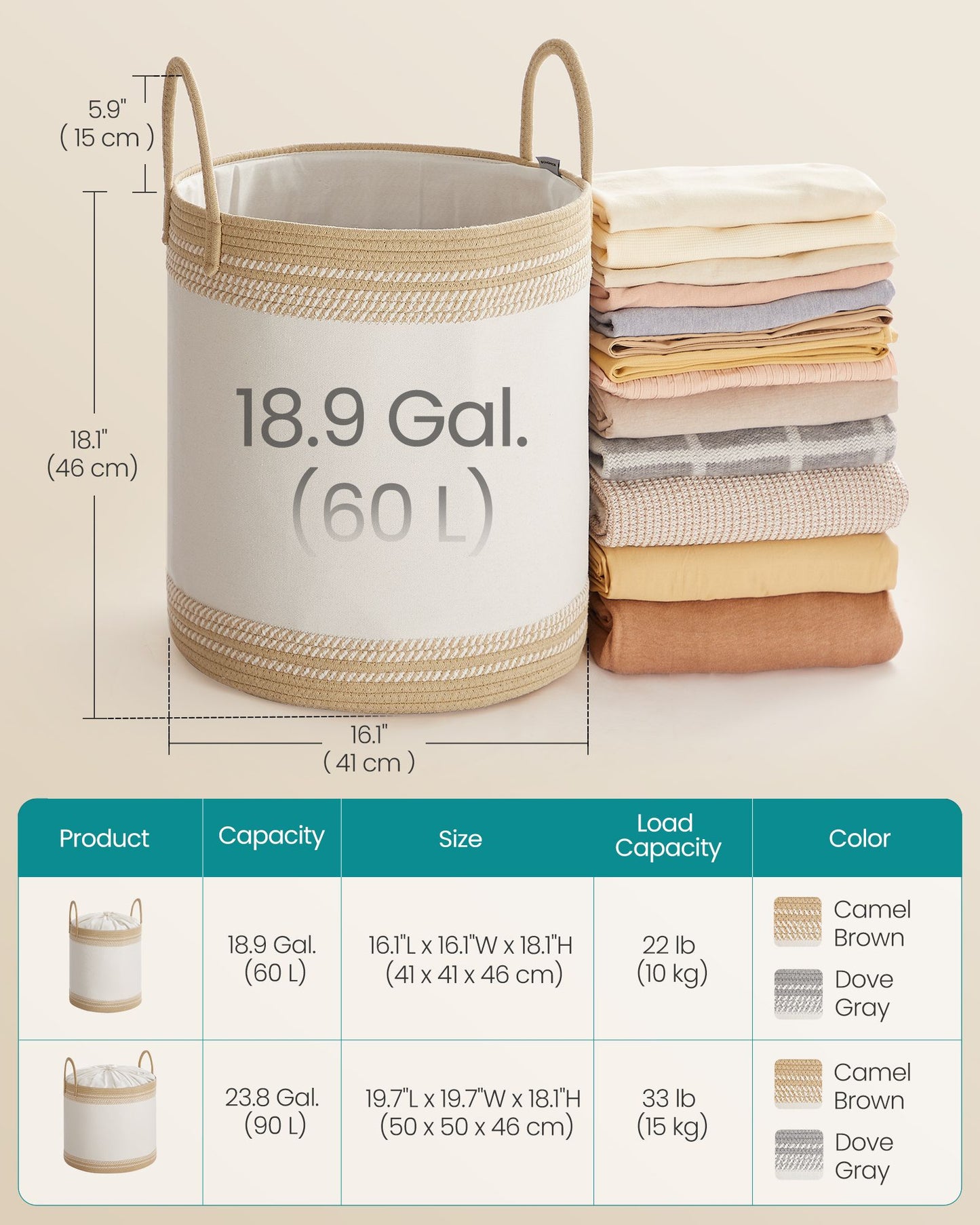 Laundry Hamper, 18.9 Gal., 16.1 x 16.1 x 18.1 Inches, Dove Gray - image 10