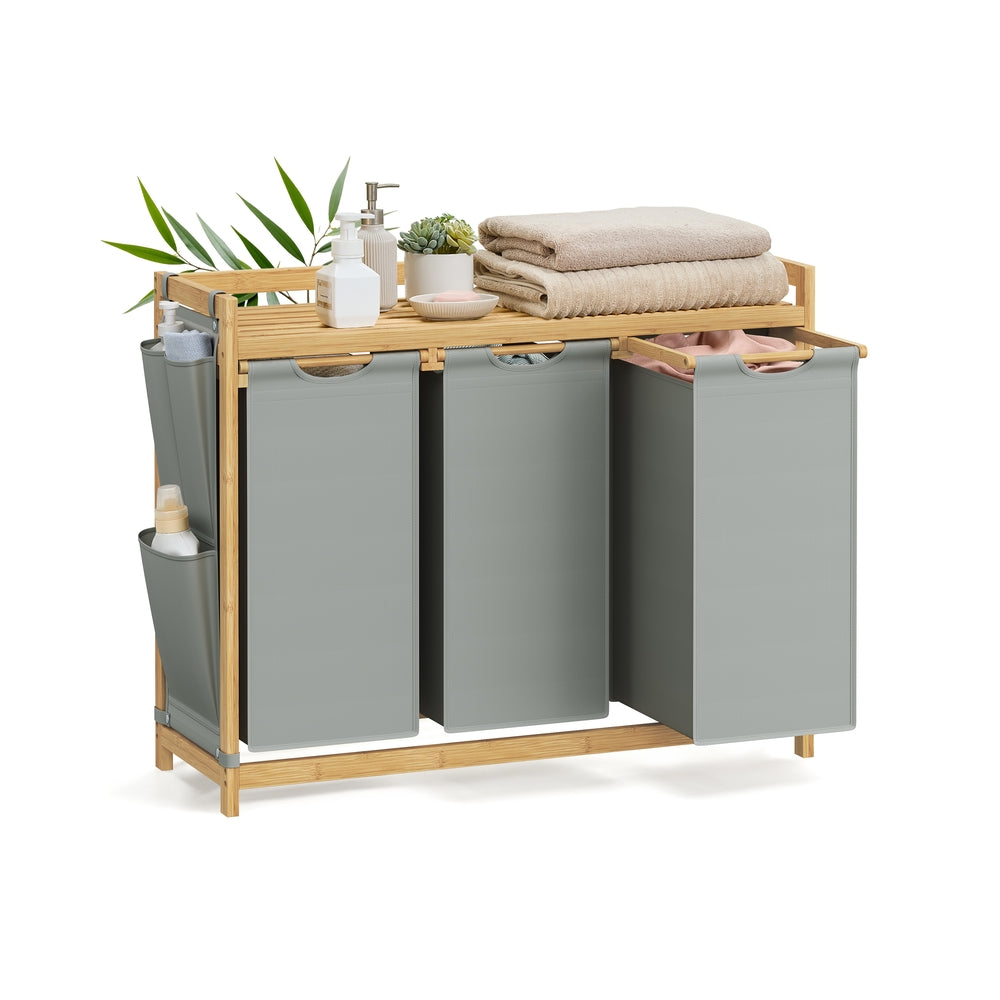 3-Compartment Laundry Basket, 150L with Shelf & Pockets, Dove Grey - image 1