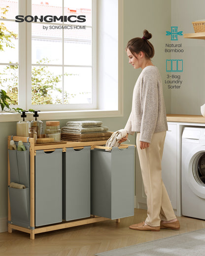 3-Compartment Laundry Basket, 150L with Shelf & Pockets, Dove Grey - image 2