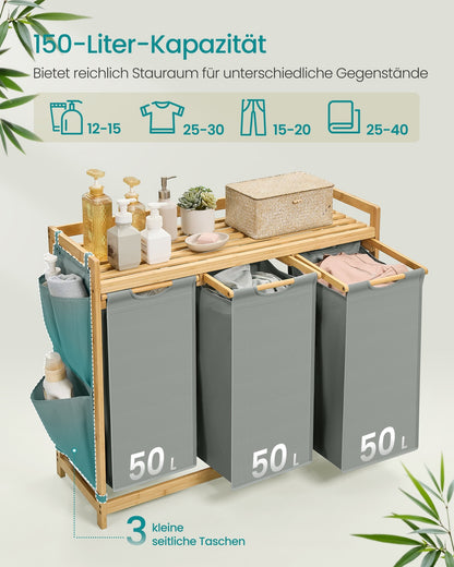 3-Compartment Laundry Basket, 150L with Shelf & Pockets, Dove Grey