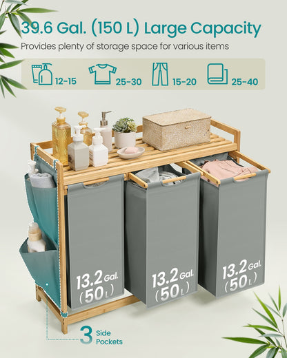 3-Compartment Laundry Basket, 150L with Shelf & Pockets, Dove Grey - image 3