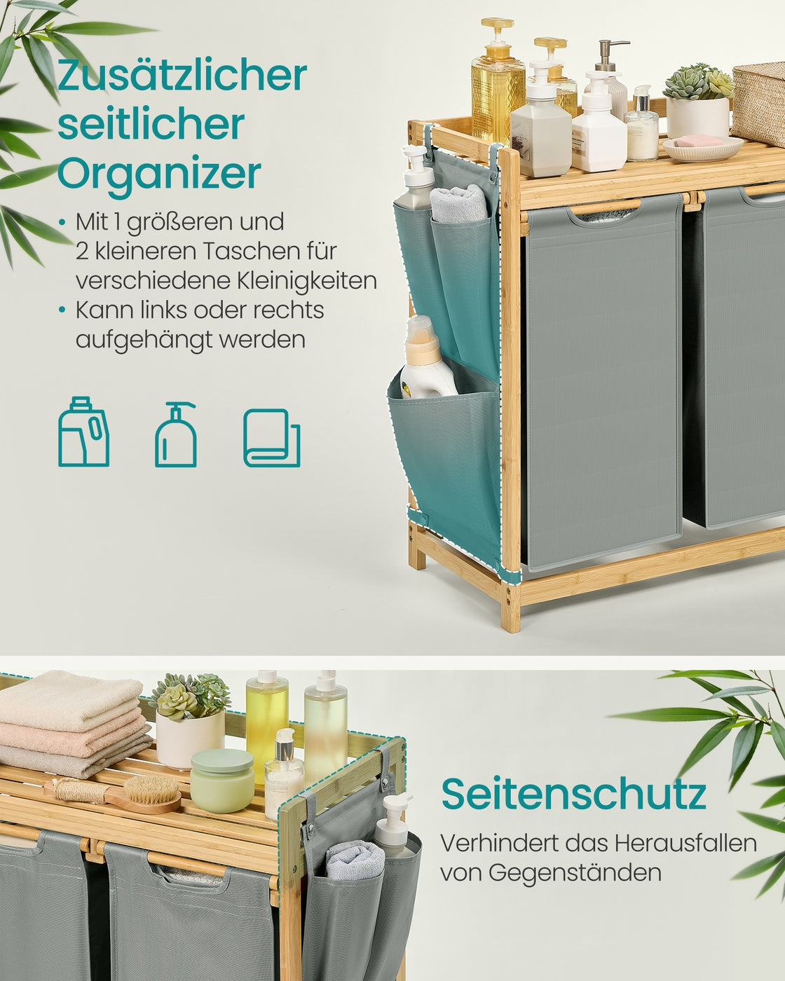 3-Compartment Laundry Basket, 150L with Shelf & Pockets, Dove Grey