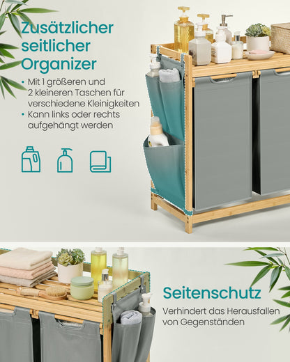 3-Compartment Laundry Basket, 150L with Shelf & Pockets, Dove Grey