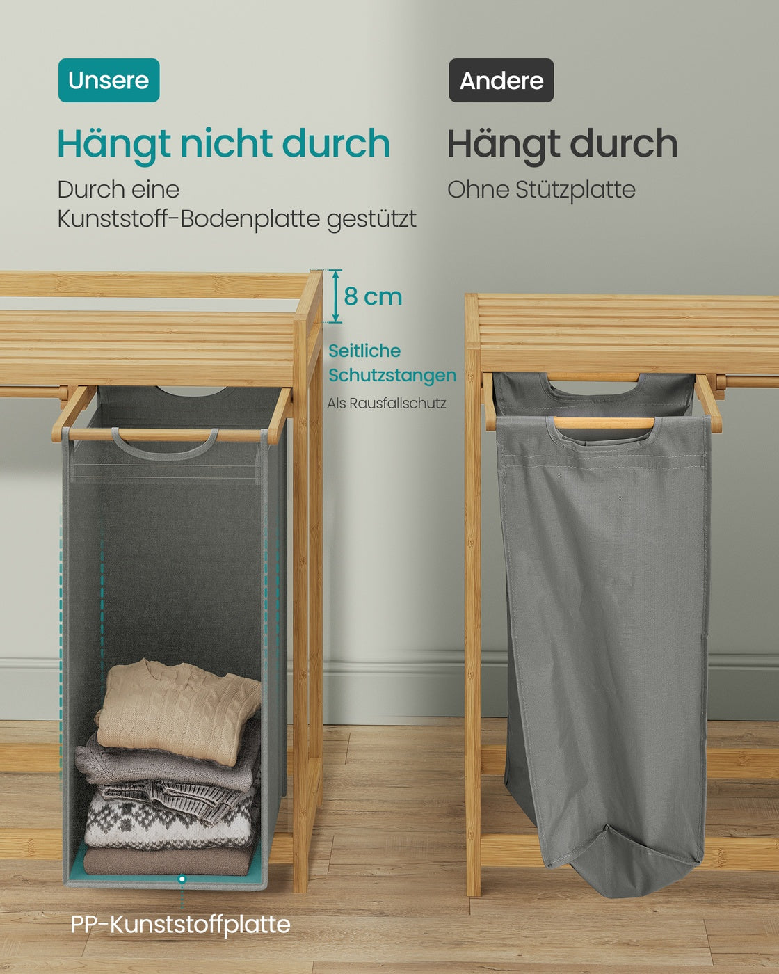 3-Compartment Laundry Basket, 150L with Shelf & Pockets, Dove Grey