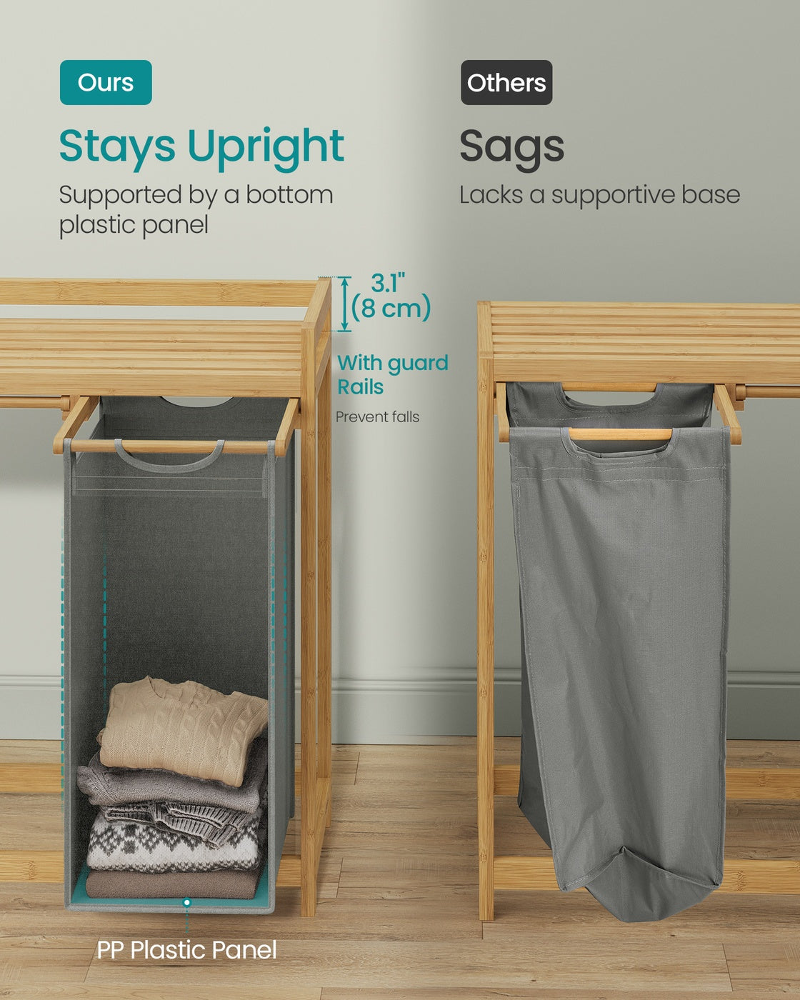 3-Compartment Laundry Basket, 150L with Shelf & Pockets, Dove Grey - image 5