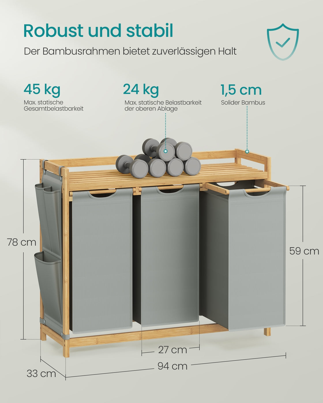3-Compartment Laundry Basket, 150L with Shelf & Pockets, Dove Grey