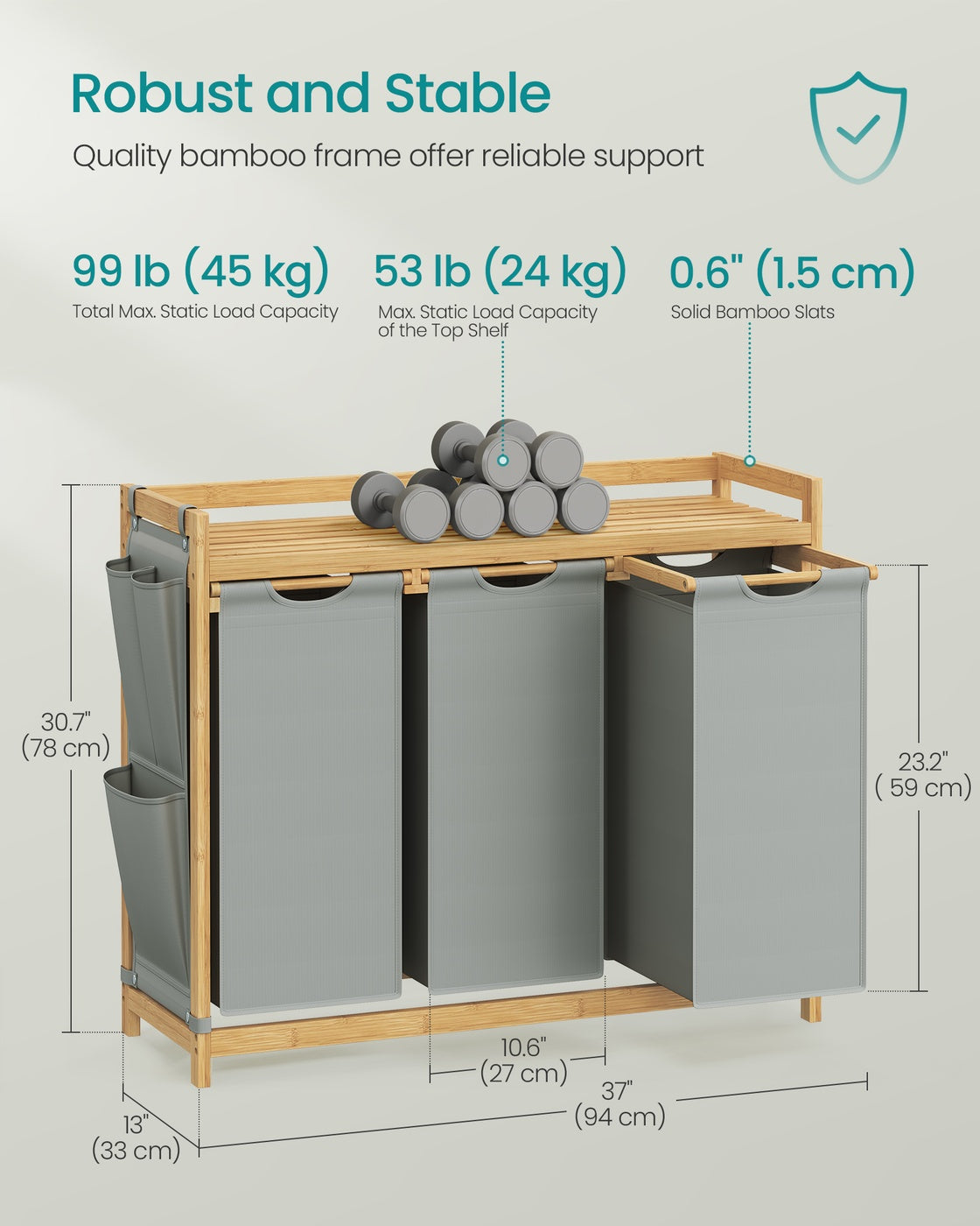 3-Compartment Laundry Basket, 150L with Shelf & Pockets, Dove Grey - image 6