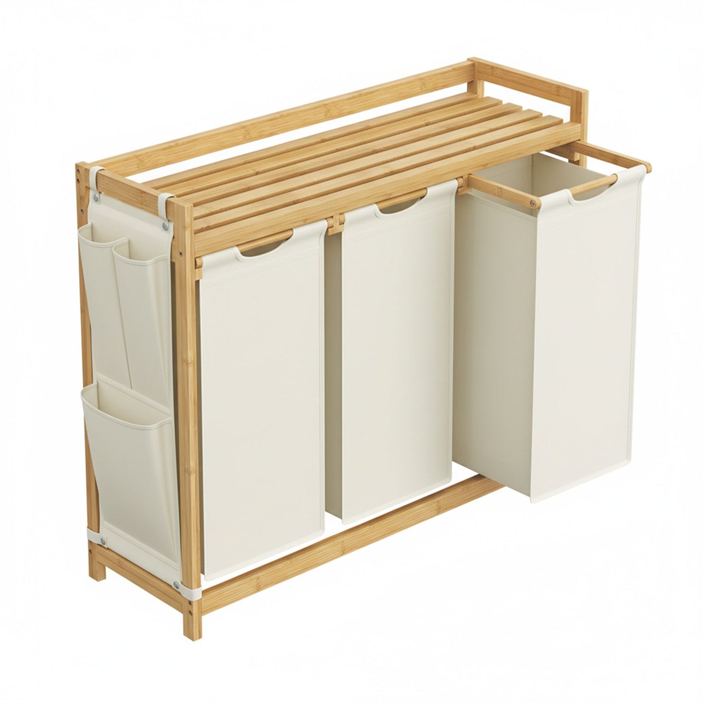 3 Section Laundry Sorter, Large 150L Hamper with Shelf and Side Pockets, White - image 1
