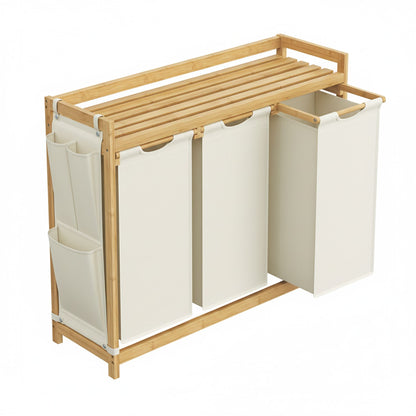 3 Section Laundry Sorter, Large 150L Hamper with Shelf and Side Pockets, White - image 1