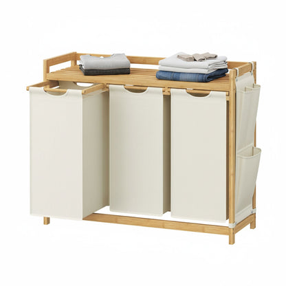 3 Section Laundry Sorter, Large 150L Hamper with Shelf and Side Pockets, White - image 2