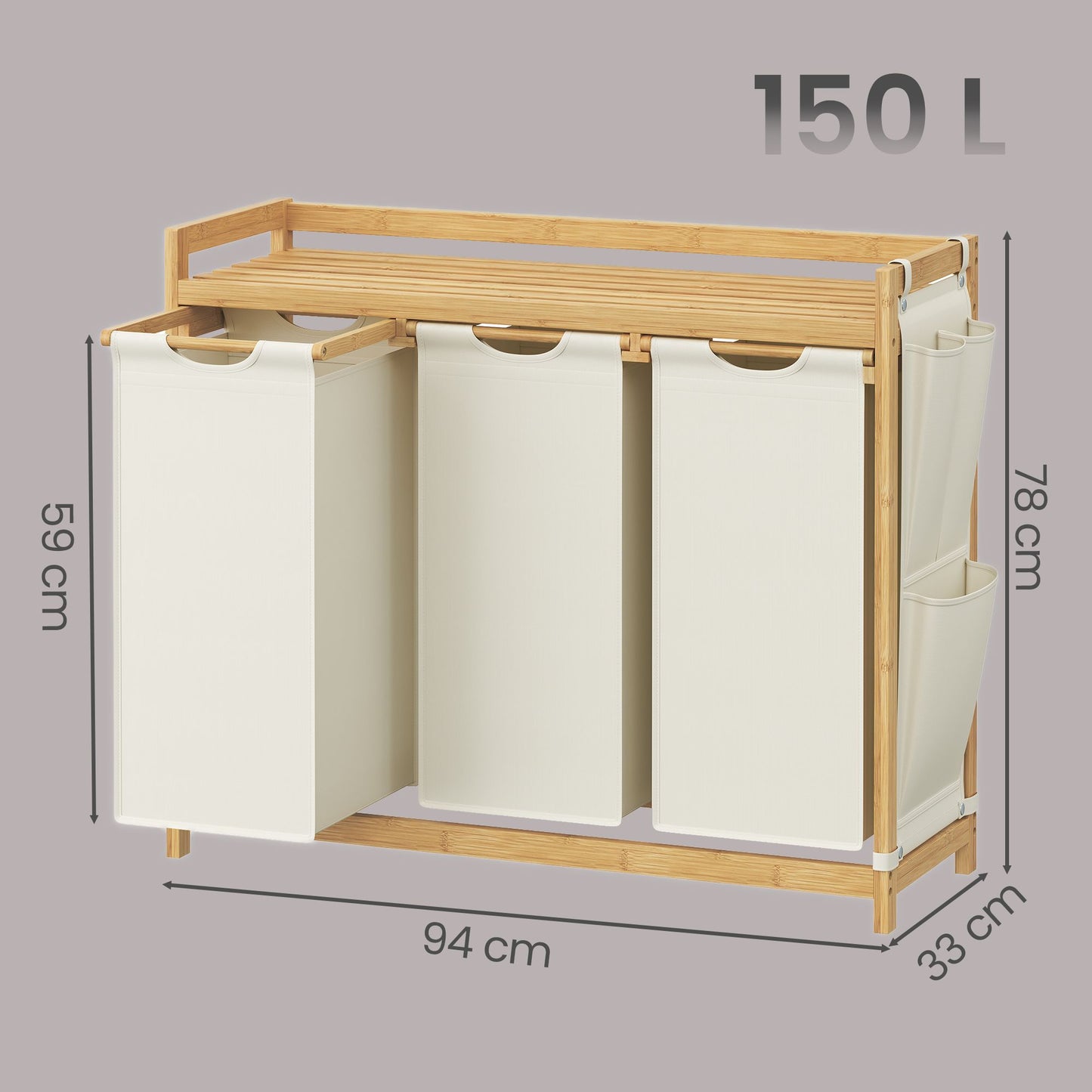 3 Section Laundry Sorter, Large 150L Hamper with Shelf and Side Pockets, White - image 3