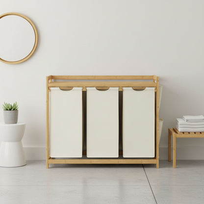 3 Section Laundry Sorter, Large 150L Hamper with Shelf and Side Pockets, White - image 4