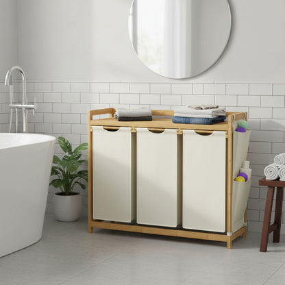 3 Section Laundry Sorter, Large 150L Hamper with Shelf and Side Pockets, White - image 5