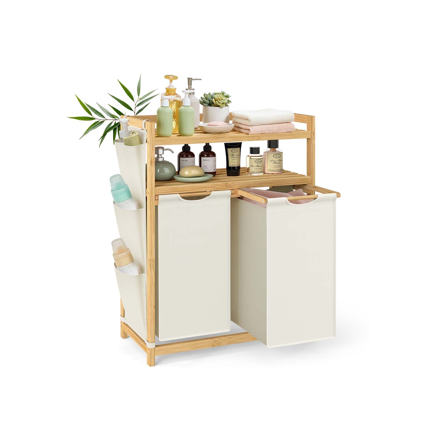 Laundry hamper with multiple compartments shelf and side pockets - image 2