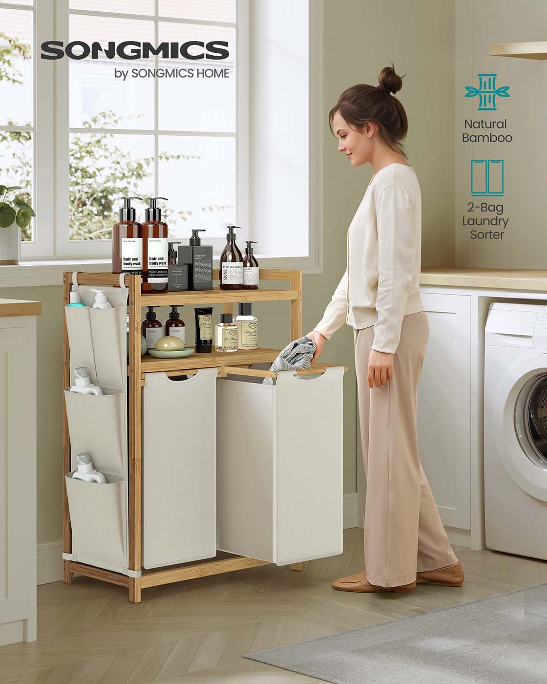 Laundry hamper with multiple compartments shelf and side pockets - image 3