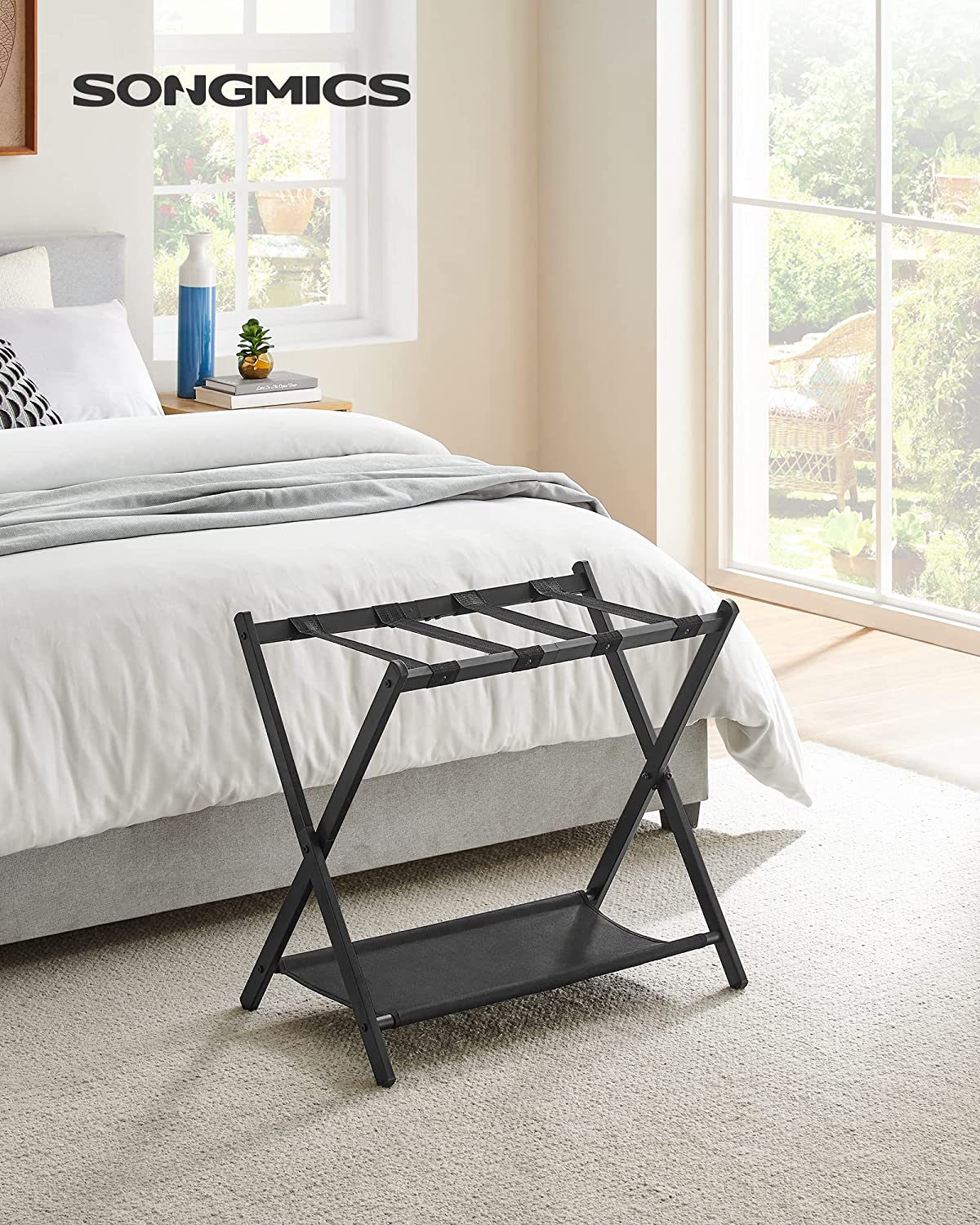 Luggage Rack for Guest Room, Suitcase Stand with Storage Shelf, Steel Frame, Foldable for Easy Storage, Hotel, Bedroom, Black