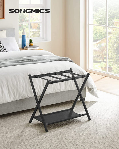 Luggage Rack for Guest Room, Suitcase Stand with Storage Shelf, Steel Frame, Foldable for Easy Storage, Hotel, Bedroom, Black