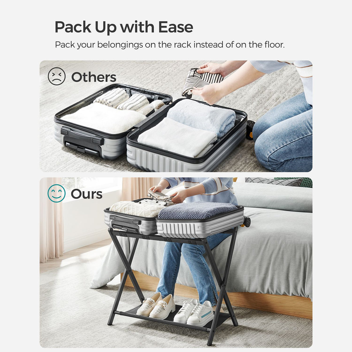 Luggage Rack for Guest Room, Suitcase Stand with Storage Shelf, Steel Frame, Foldable for Easy Storage, Hotel, Bedroom, Black