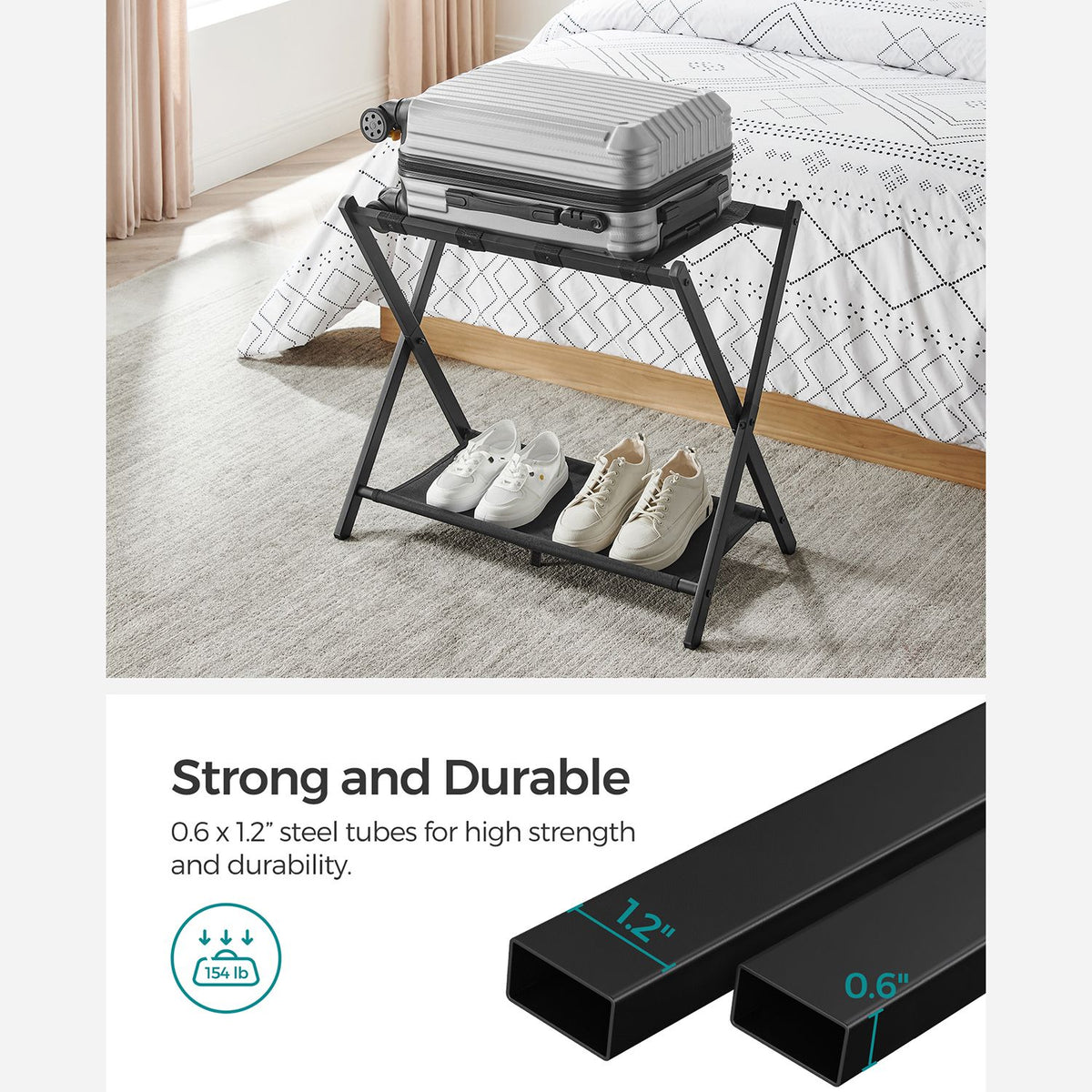 Luggage Rack for Guest Room, Suitcase Stand with Storage Shelf, Steel Frame, Foldable for Easy Storage, Hotel, Bedroom, Black
