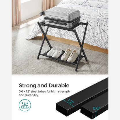 Luggage Rack for Guest Room, Suitcase Stand with Storage Shelf, Steel Frame, Foldable for Easy Storage, Hotel, Bedroom, Black
