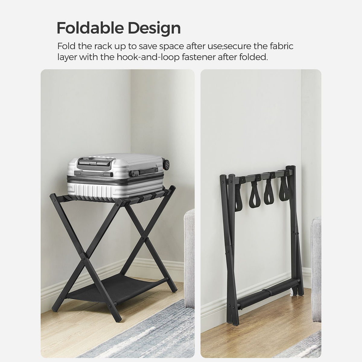 Luggage Rack for Guest Room, Suitcase Stand with Storage Shelf, Steel Frame, Foldable for Easy Storage, Hotel, Bedroom, Black