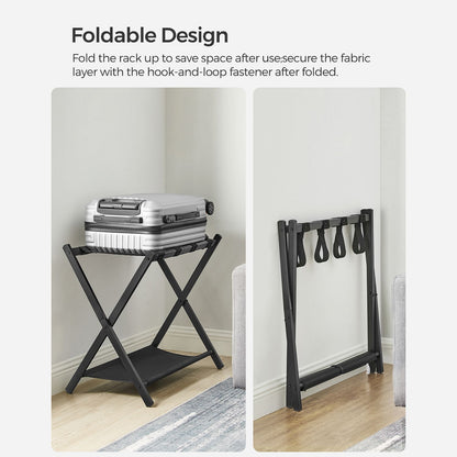 Luggage Rack for Guest Room, Suitcase Stand with Storage Shelf, Steel Frame, Foldable for Easy Storage, Hotel, Bedroom, Black