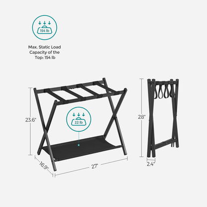 Luggage Rack for Guest Room, Suitcase Stand with Storage Shelf, Steel Frame, Foldable for Easy Storage, Hotel, Bedroom, Black
