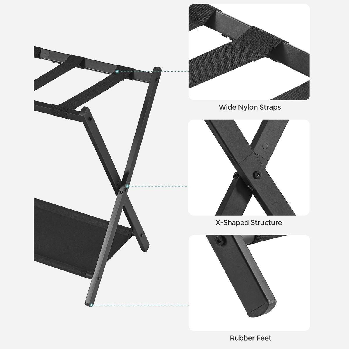 Luggage Rack for Guest Room, Suitcase Stand with Storage Shelf, Steel Frame, Foldable for Easy Storage, Hotel, Bedroom, Black
