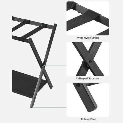 Luggage Rack for Guest Room, Suitcase Stand with Storage Shelf, Steel Frame, Foldable for Easy Storage, Hotel, Bedroom, Black