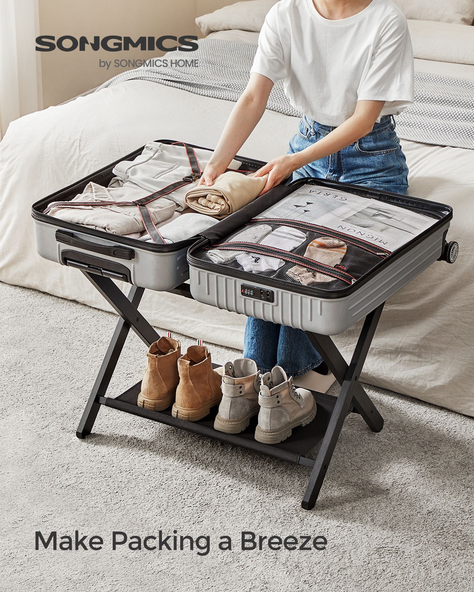 Folding Suitcase Stand with Storage Shelf - HWLEXTRA 