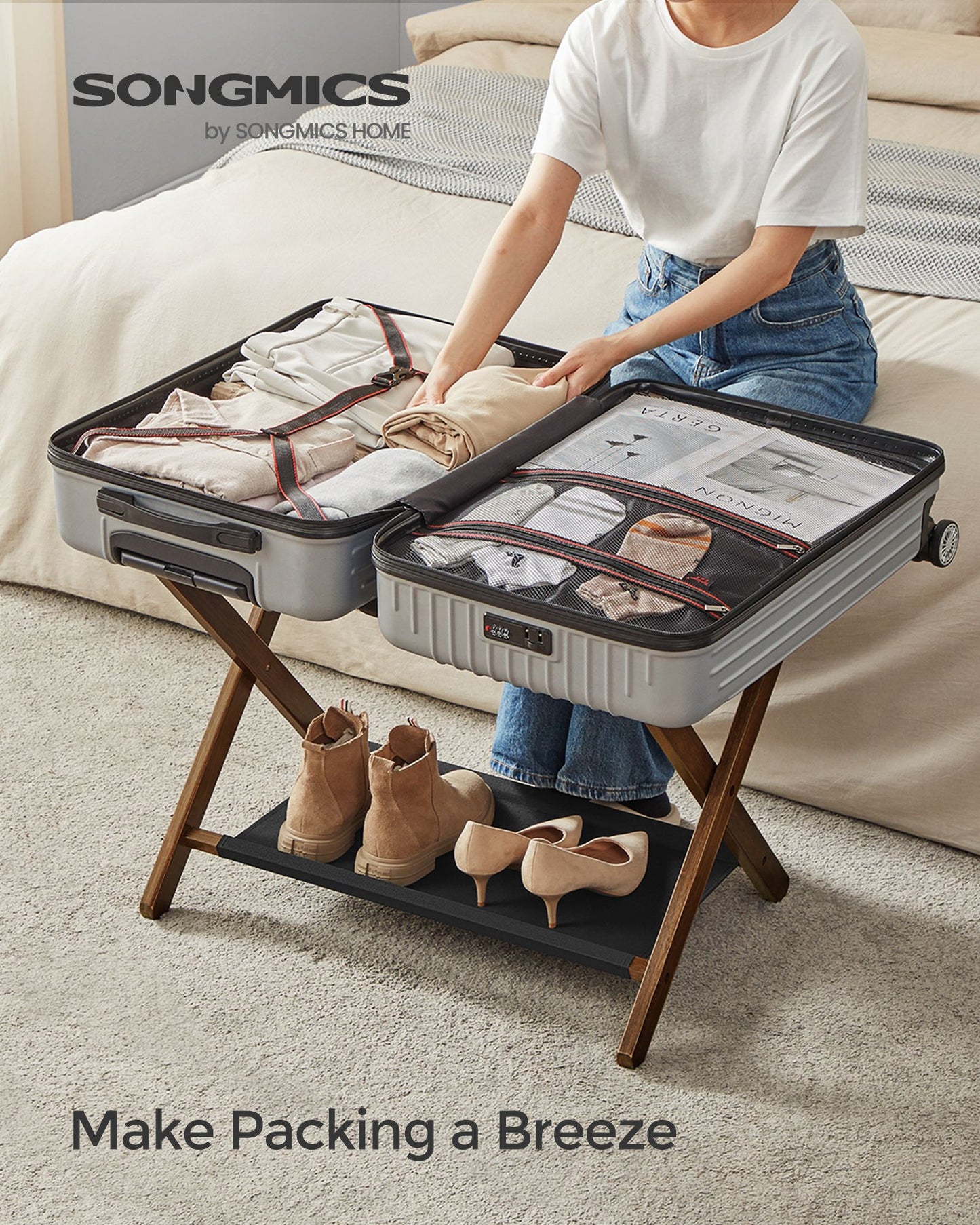 Folding Luggage Rack with Storage Shelf - HWLEXTRA 