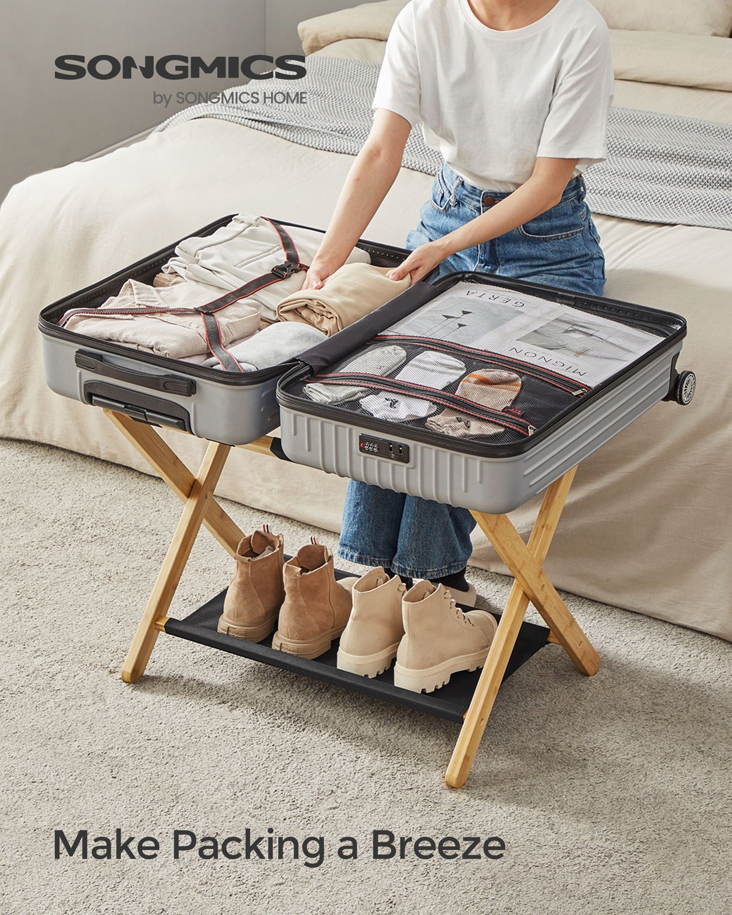 Folding Suitcase Stand with Storage Shelf - HWLEXTRA 