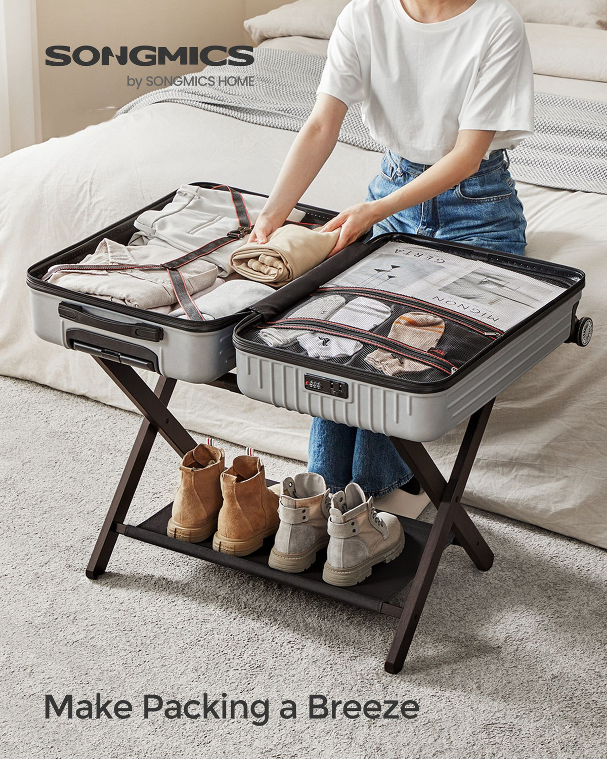 Set of 2 Folding Luggage Rack with Storage Shelf - HWLEXTRA 